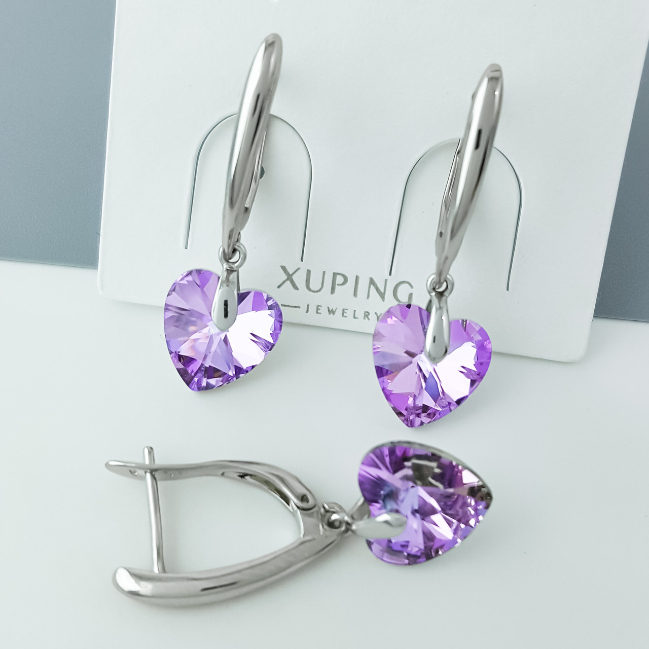Сережки підвіски "Фіолетове Серце" зі Swarovski, англ.замок, медичне золото Xuping, родій