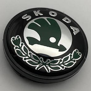 Ковпачок заглушка Skoda (шкода) чорний із зеленим логотипом 65 мм 56 мм 3B7601171