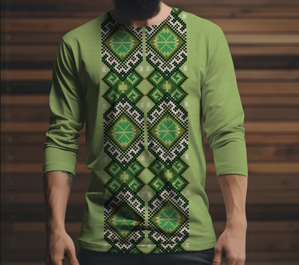 Лонгслив з 3D принтом Зелена вишиванка етнічний орнамент 02 ВСІ Розміри, фото 1
