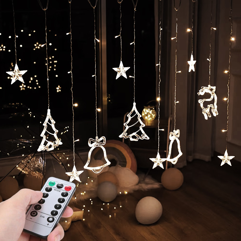 Гірлянда штора, від мережі, 2,5м, +пульт ДУ 12 фігур (дзвіночок, ялинка, олень), Холодний білий /Гірлянда на вікно, фото 1