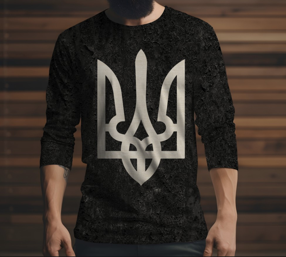 Лонгслив з 3D принтом Тризуб на чорному фоні ВСІ Розміри, фото 1