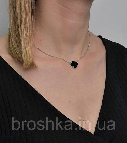 Срібне кольє конюшина з чорним камінцем і ланцюжком. Діаметр 1.5см, фото 3