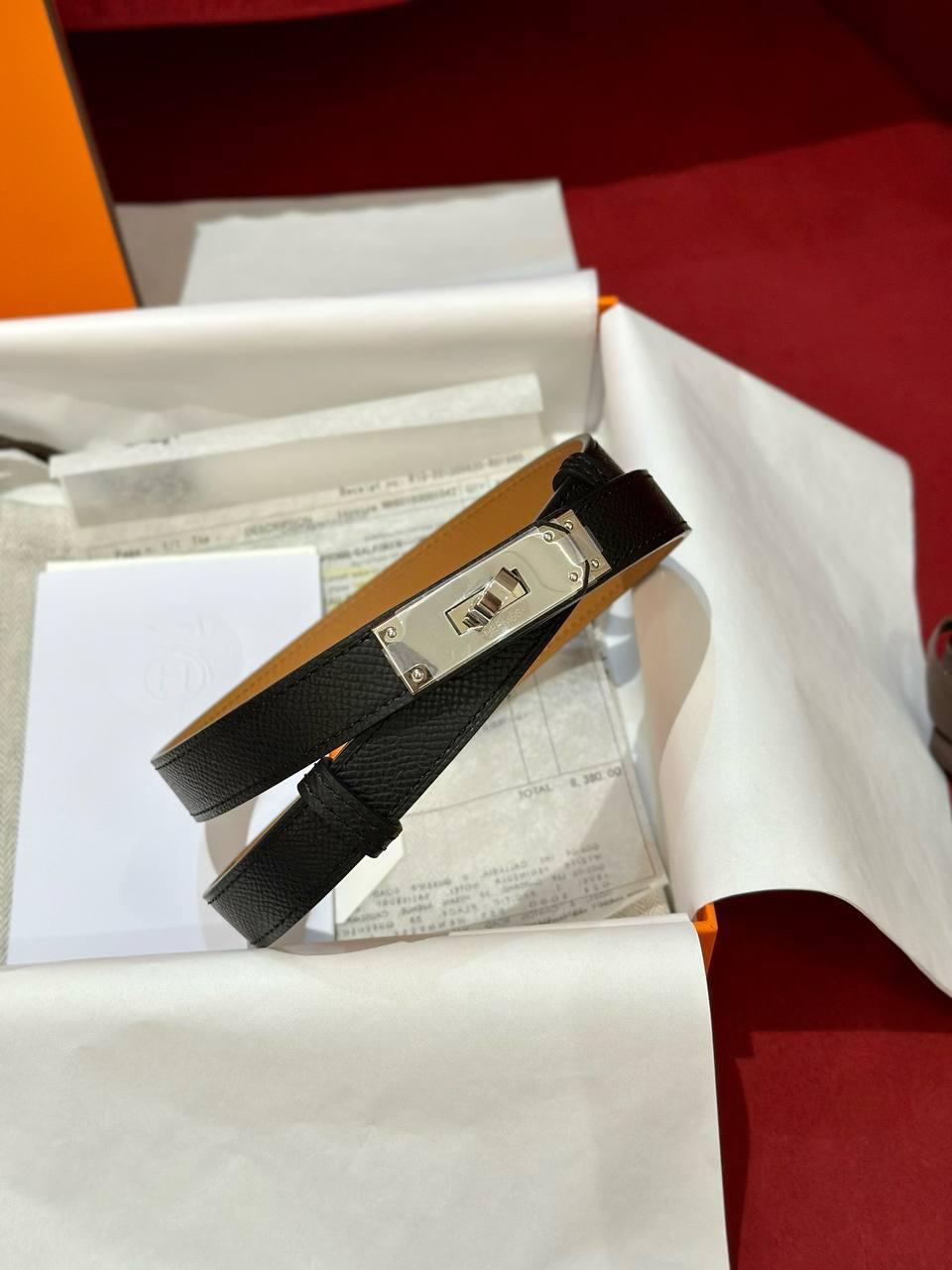 Жіночий чорний шкіряний ремінь Hermes Kelly 1.8 см із золотою пряжкою ермес