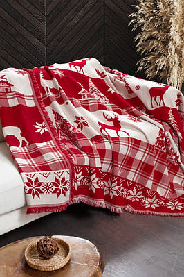 Плед з бахромою бавовняний First Choice Ruma Deer Scarlet двоспальний євро 220х240см