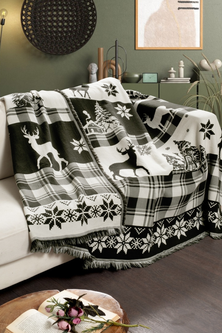Плед з бахромою бавовняний First Choice Ruma Deer Dark Green двоспальний євро 220х240см