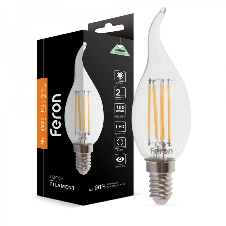 Світлодіодна лампа Feron Filament LB-159 6Вт 600Лм E14 4000K свічка на вітрі Ø35х118 мм