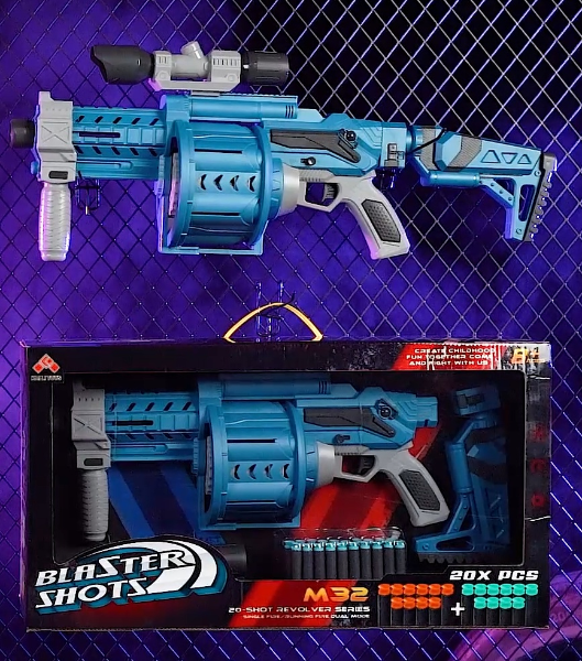 Дитячий бластер великий барабан знімний приклад оптичний приціл мішень та 20 набоїв у наборі з автоматом, фото 1