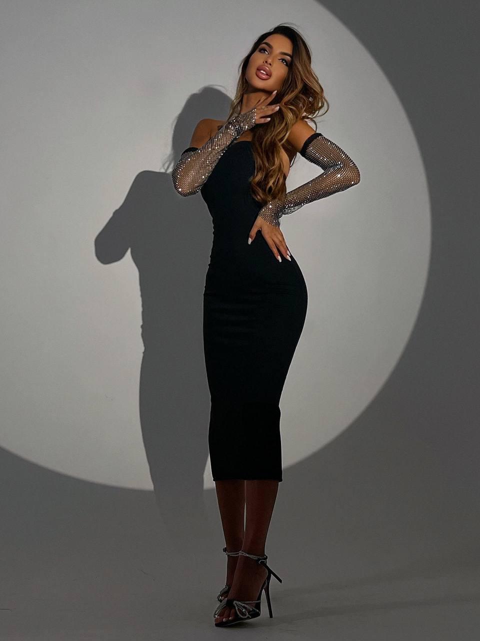 Ефектна жіноча сукня міді з довгими рукавами зі стразами Smb9244