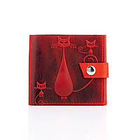 Шкіряний маленький гаманець портмоне жіночий ручної роботи KAFA "Кішки" червоний (m2615)