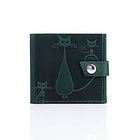 Шкіряний маленький гаманець портмоне жіночий ручної роботи KAFA "Кішки" зелений (m2615)