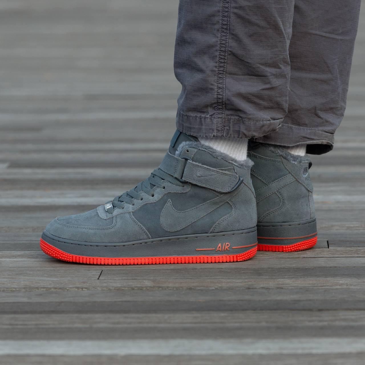 Зимові Кросівки Nike Air Force 1 Winter High Grey Red | високі сірі з червоними акцентами, розміри 41–45 (чоловічі)