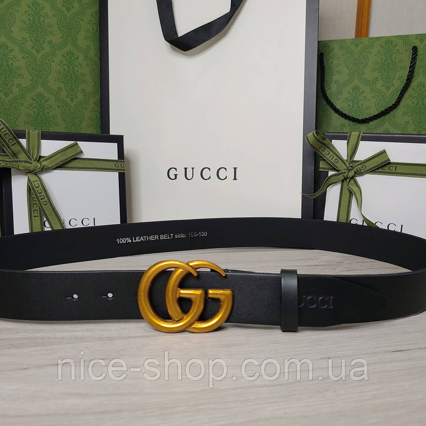 Ремінь Gucci шкіряний чорний з золотою пряжкою, фото 1