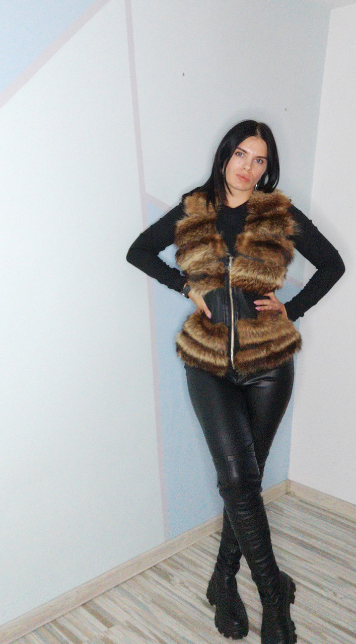 Жилет із єнота шкіра жилетка єнотовий хутряний жилет розмір на змійці 44-46 розмір, фото 1