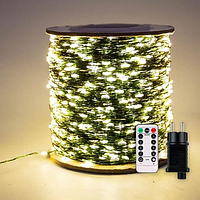 PR1 Світлодіодна гірлянда нитка "Роса" 100м з пультом, 1000 LED, 220V, 8 режимів, IP44, зелений провід, Теплий білий