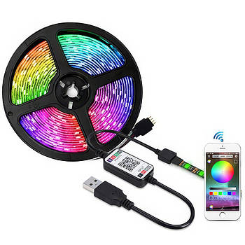Світлодіодна стрічка з керуванням від телефону та пультом 5050 RGB USB 16 кольорів світіння 5 метрів
