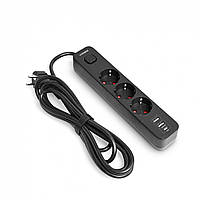 Фільтр мережевий з роз'ємами 2USB-A+USB-C на 3 гнізда 3м із заземленням ONCORD з кнопкою Чорний
