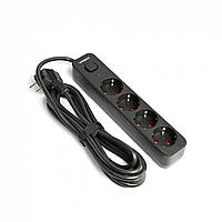 Подовжувач з вимикачем 3м на 4 розеток із заземленням ONCORD Чорний