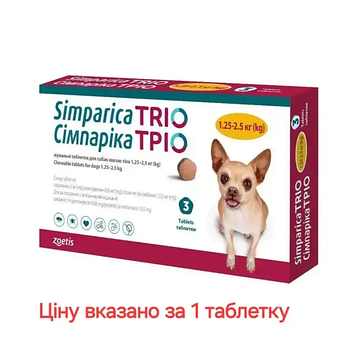 Сімпаріка ТРІО для собак 1,3-2,5 кг - таблетка від бліх, кліщів та глистів (Simparica)