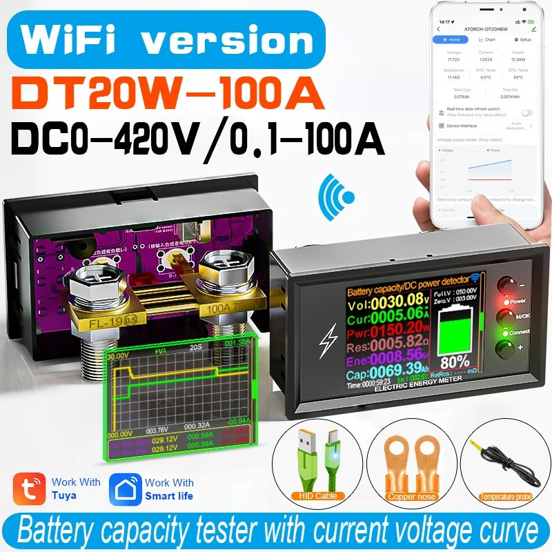 Ватраметр постійного тока Tuya Wifi, 100а, DT20W-100A
