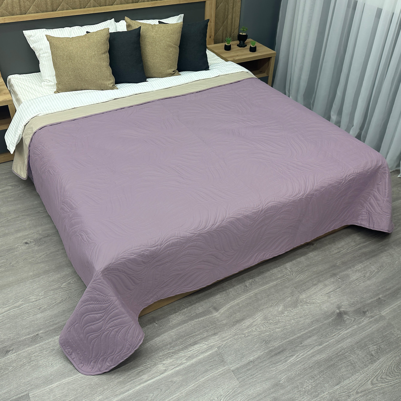 Покривало двостороннє Decorator Microfiber листя, бузковий з бежевим