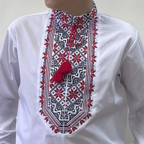 Підліткова вишиванка для хлопчика з червоним орнаментом "Максим", біла вишита сорочка, фото 1