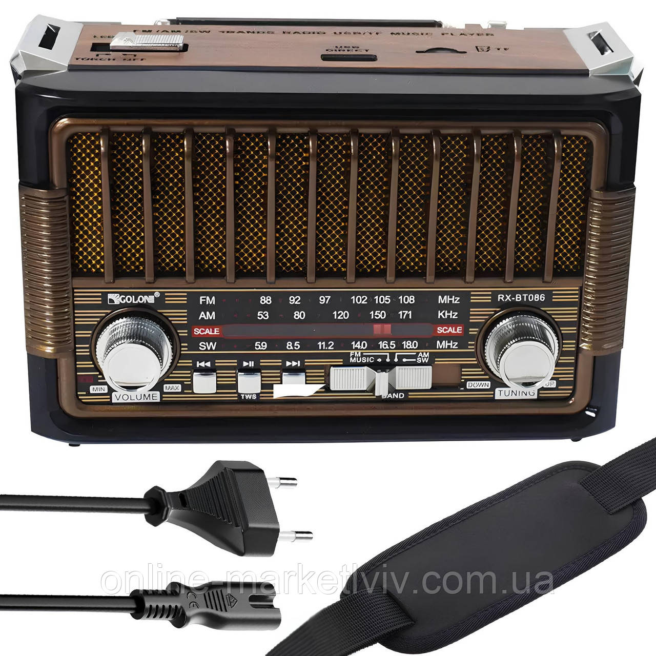 Радіоприймач з акумулятором + ліхтарик, Bluetooth, USB, RX-BT086 / Портативний ФМ радіоприймач на батарейках