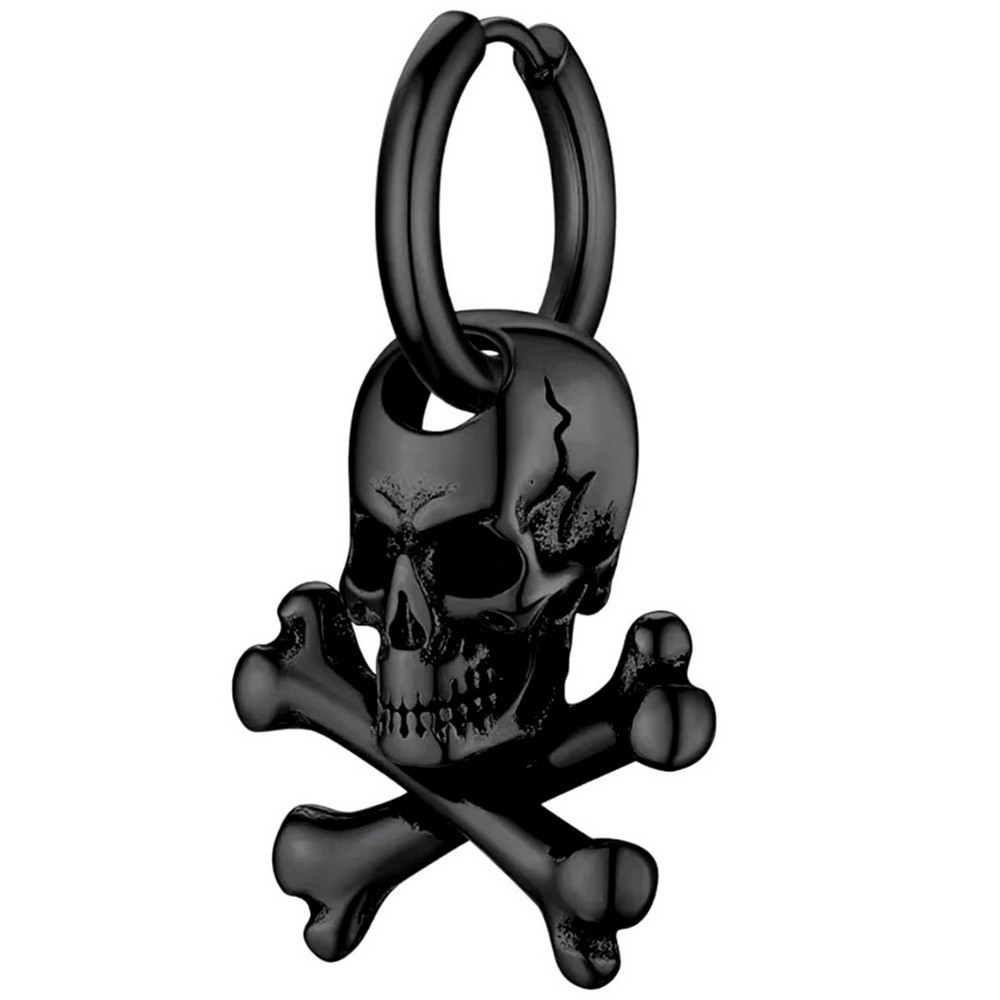 Сережка кільце череп з кістками чорна SP-93 (1 шт)