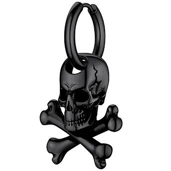 Сережка кільце череп з кістками чорна SP-93 (1 шт), фото 1