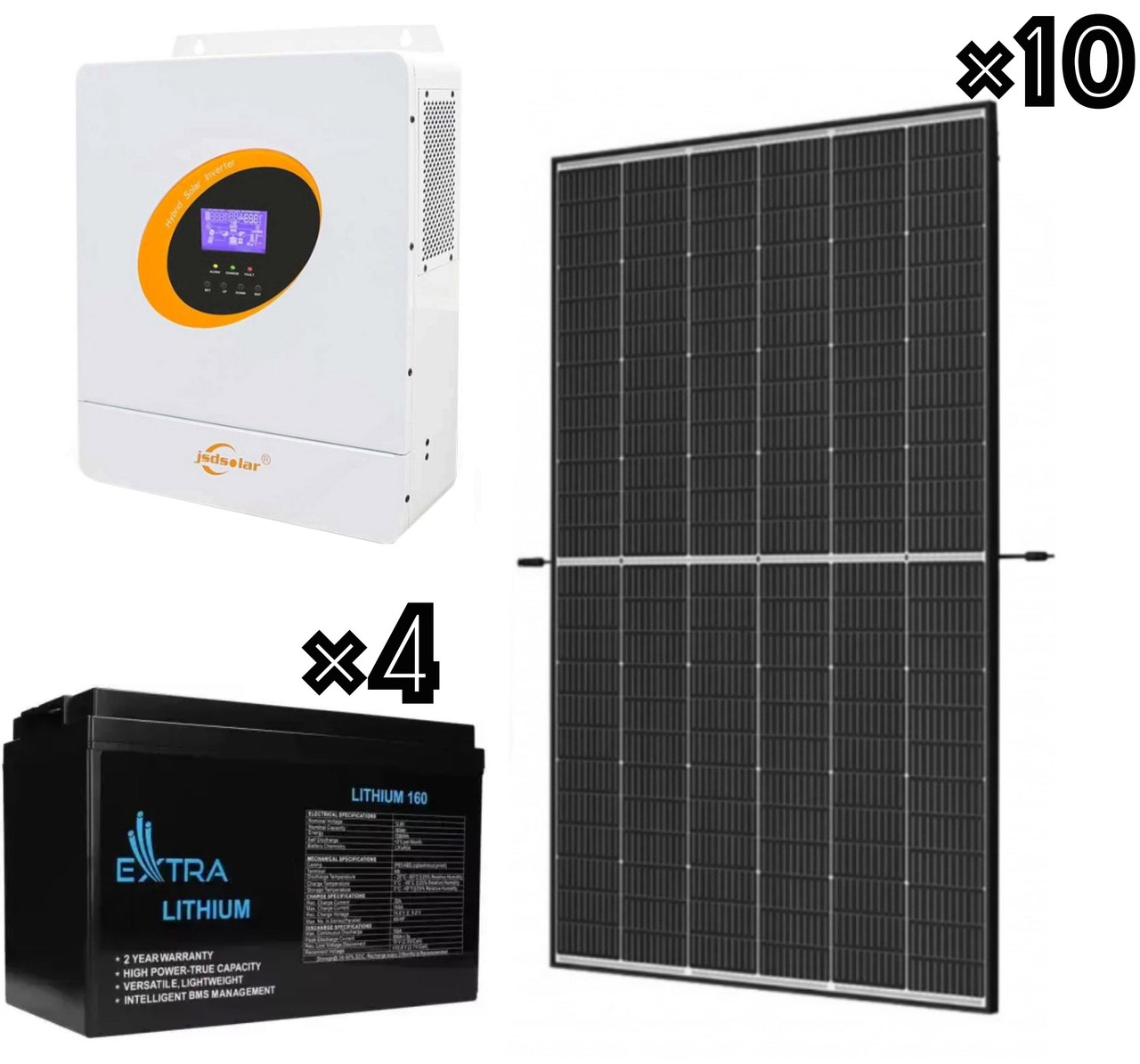 Сонячна станція 5500Вт з панелями 10×445W + гібридний інвертор (ДБЖ) 5500Вт HP 48V Wi-Fi чистий синус + 4шт LiFePO4 АКБ 160А