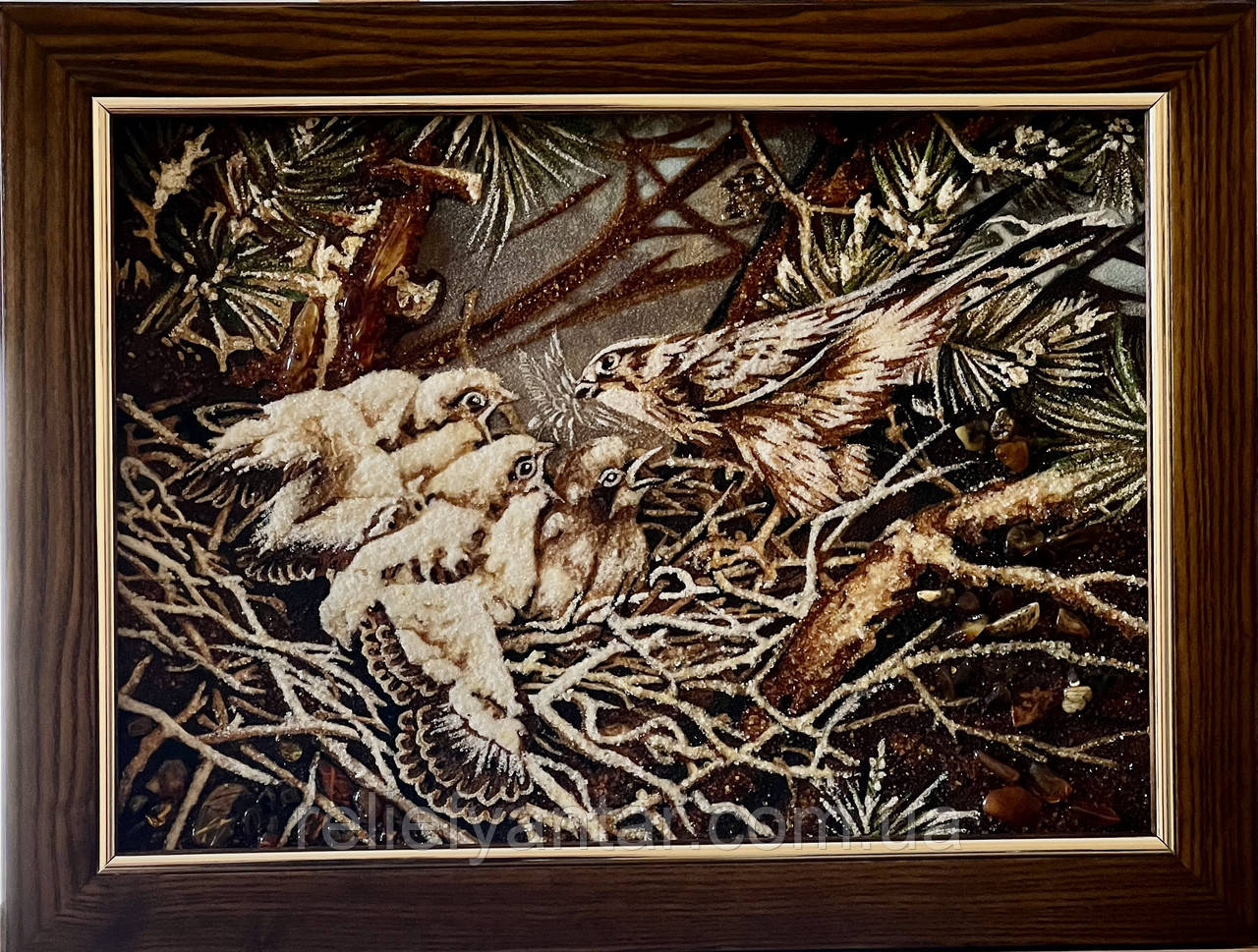 Картина з бурштину "Пташка з пташенятами"30*40 см , картина з бурштину, фото 1
