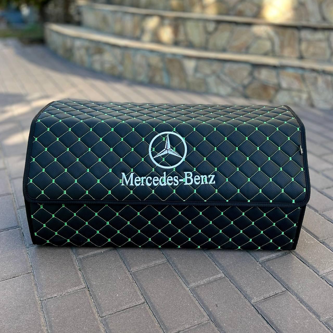 Органайзер у багажник з логотипом Mercedes з екошкіри, чорний із зеленою ниткою, 65 см, автоорганайзер, фото 1