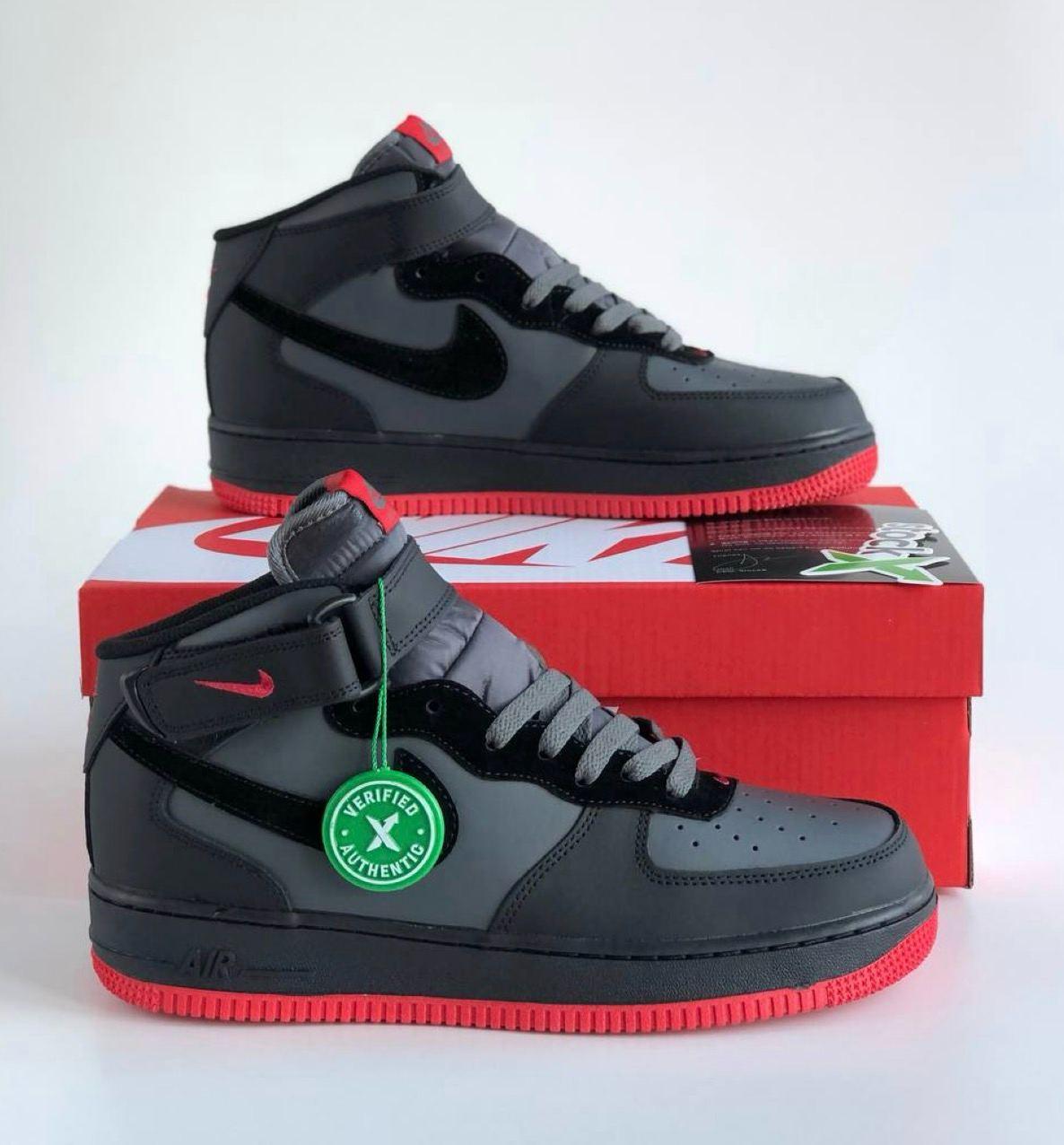 Чоловічі кросівки термо Nike Air Force Mid 07 Lava grey red black Найк Аїр Форс сірі з червоним високі шкіра
