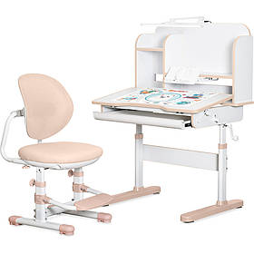 Шкільна регульована за висотою стіл парта і стілець для дітей Mealux Nemo Peach з лампою і полицями