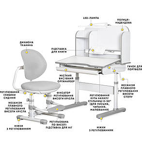 Дитячий шкільний стіл парта зі стільчиком для уроків і навчання Mealux Nemo Grey з лампою та полицями, фото 2