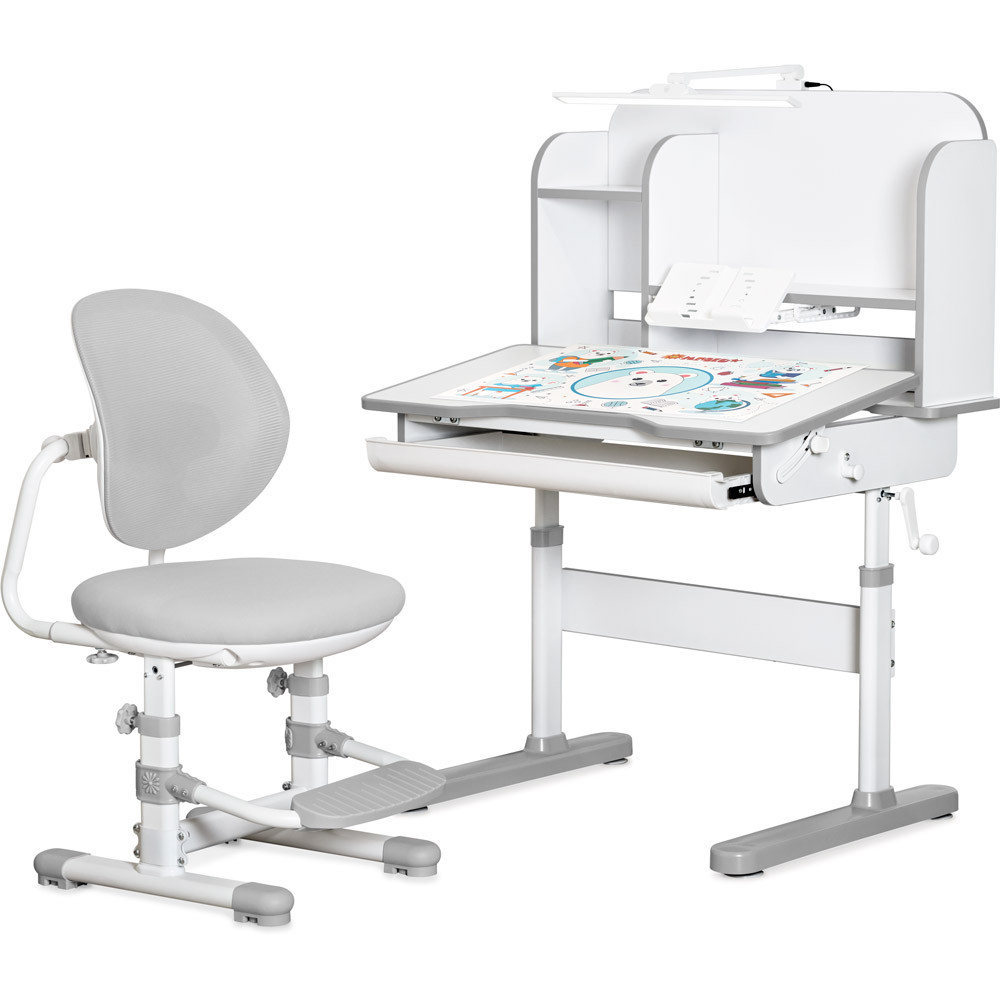 Дитячий шкільний стіл парта зі стільчиком для уроків і навчання Mealux Nemo Grey з лампою та полицями