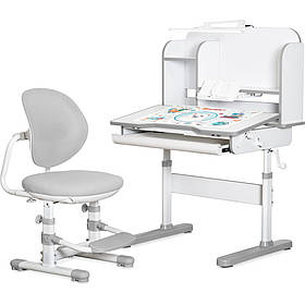 Дитячий шкільний стіл парта зі стільчиком для уроків і навчання Mealux Nemo Grey з лампою та полицями