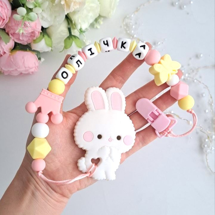 Зайчик з вушками (кварц), Іменний силіконовий гризунець, прорізувач для зубів, фото 1