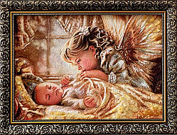 Картина з бурштину "Ангел над малюком"30*40 см , дитяча картина з бурштину