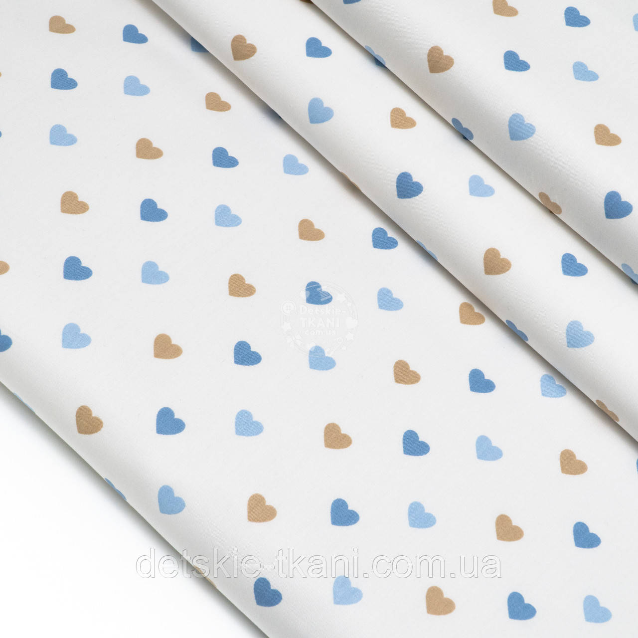 Сатин "Блакитно-бежеві сердечка трьох кольорів", №5293с, фото 1