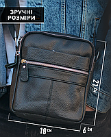 Барсетка чоловіча шкіряна через плече 18х21х6, месенджер для міста, крос боді для телефону, чорна, фото 5
