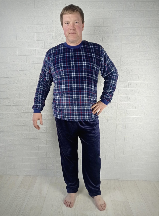 Пижама мужская махровая теплая синяя зимняя, домашний костюм 48-58р.