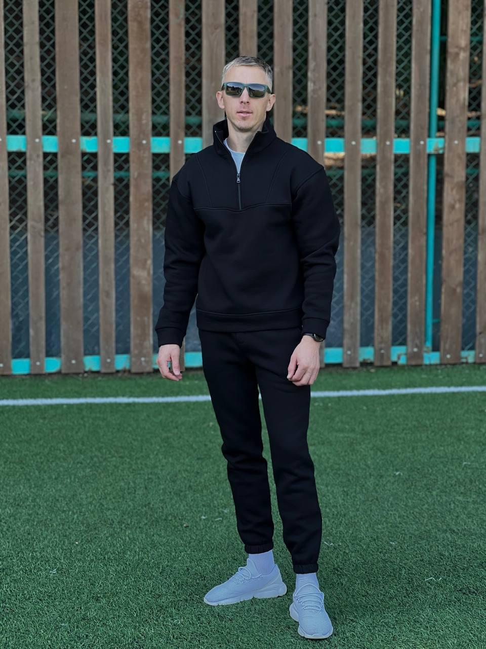 Чоловічий зимовий спортивний костюм на флісі без капюшона чорний Комплект Кофта + Штани з начосом, фото 1