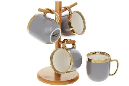 Набір (4 шт) порцелянових чашок 320мл "Золота лінія" на бамбуковій підставці