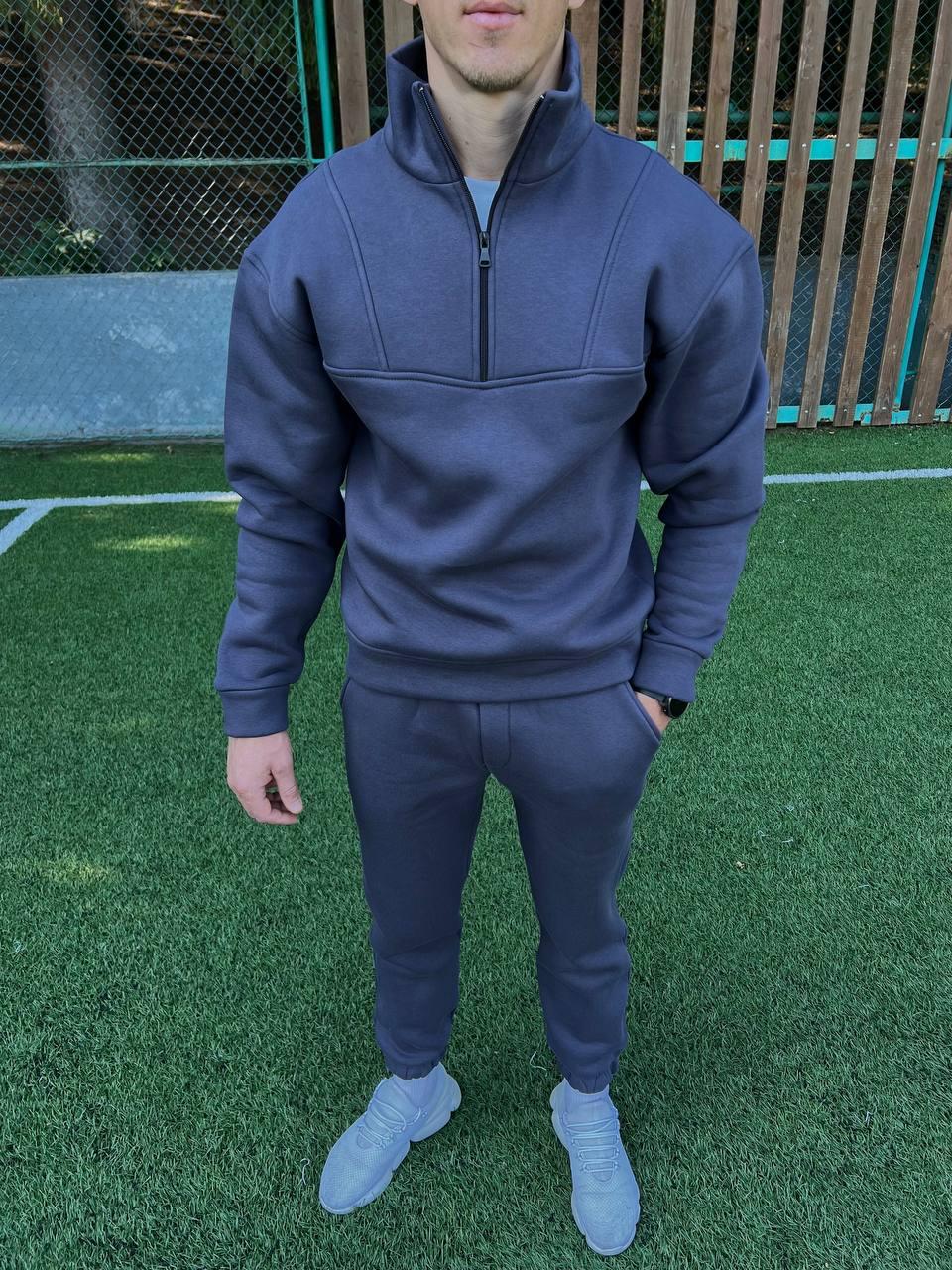 Чоловічий зимовий спортивний костюм на флісі без капюшона сірий Комплект Кофта + Штани з начосом, фото 1