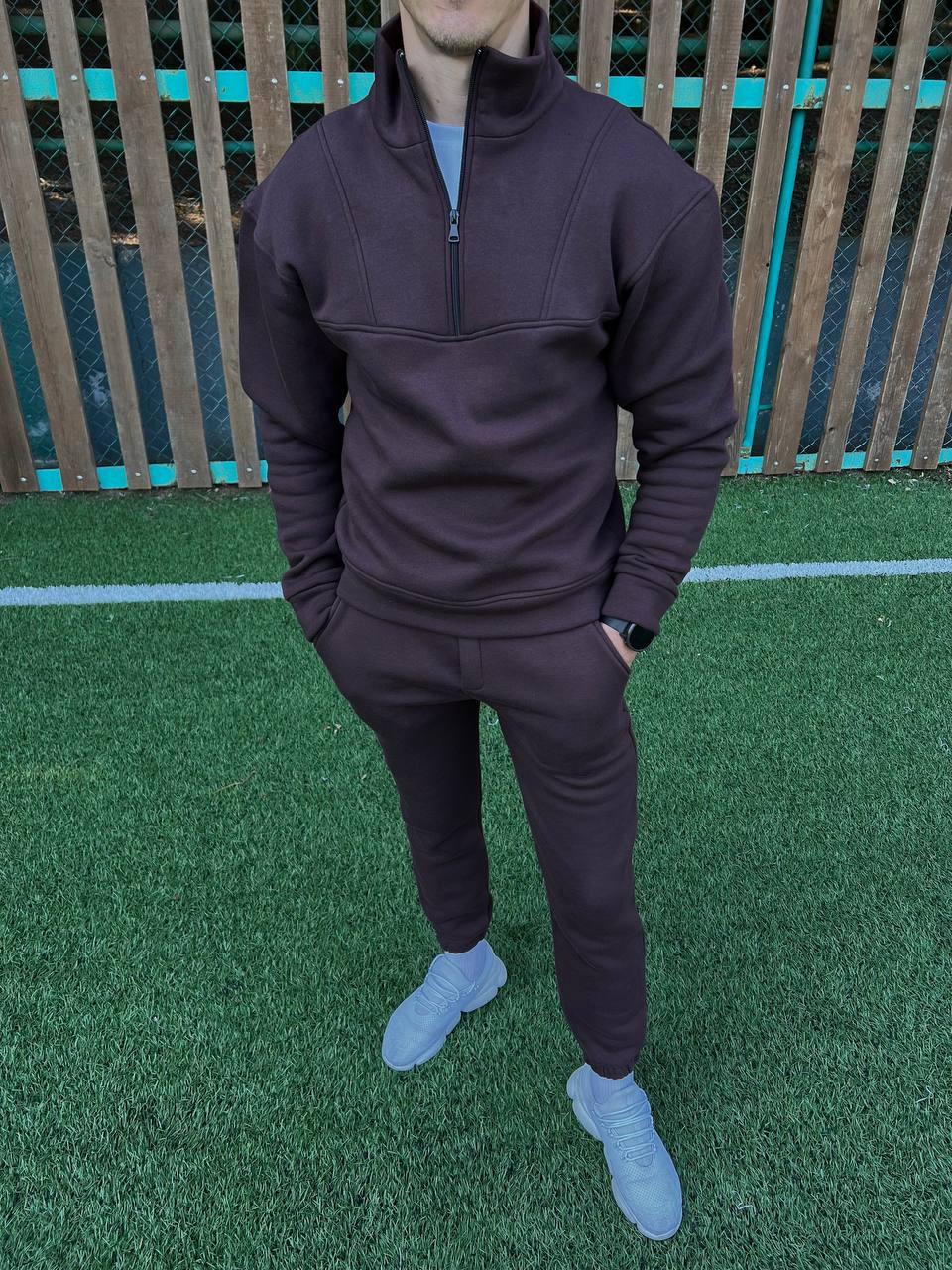 Чоловічий зимовий спортивний костюм на флісі без капюшона коричневий Комплект Кофта + Штани з начосом, фото 1