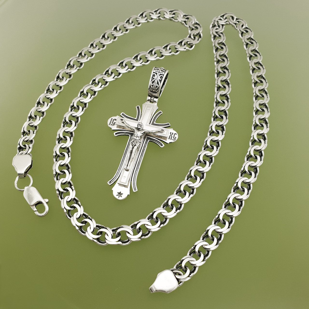 Срібна цепочка з хрестиком чоловіча. Ланцюжок бісмарк ширина 7 мм і освячений хрестик Спаси і Збережи. 65 см, фото 1
