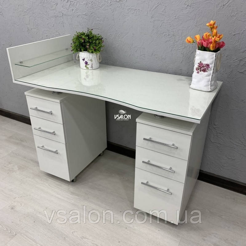 Стіл манікюрний білий зі склом на стільниці V432, фото 1