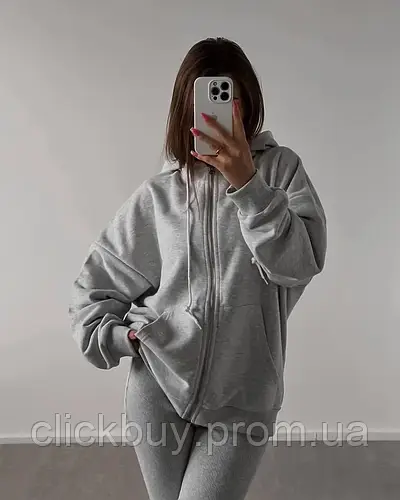 Комфортное женское худи на молнии свободного кроя с длинным рукавом и ...