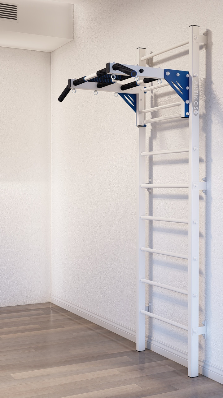 Шведська стінка з турніком посилена біла з синіми елементами – спортивне обладнання, фото 1