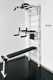 Шведська стінка з турніком брусами і лавкою біла посиленої конструкції – спортивне обладнання